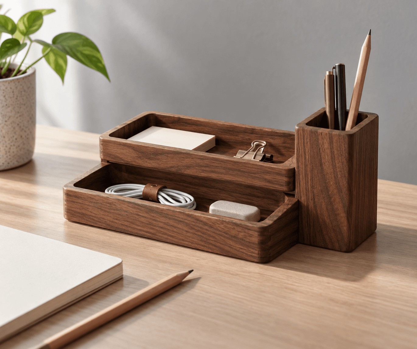Illustrative wood-tone desk organizer with two trays and an upright pen compartment