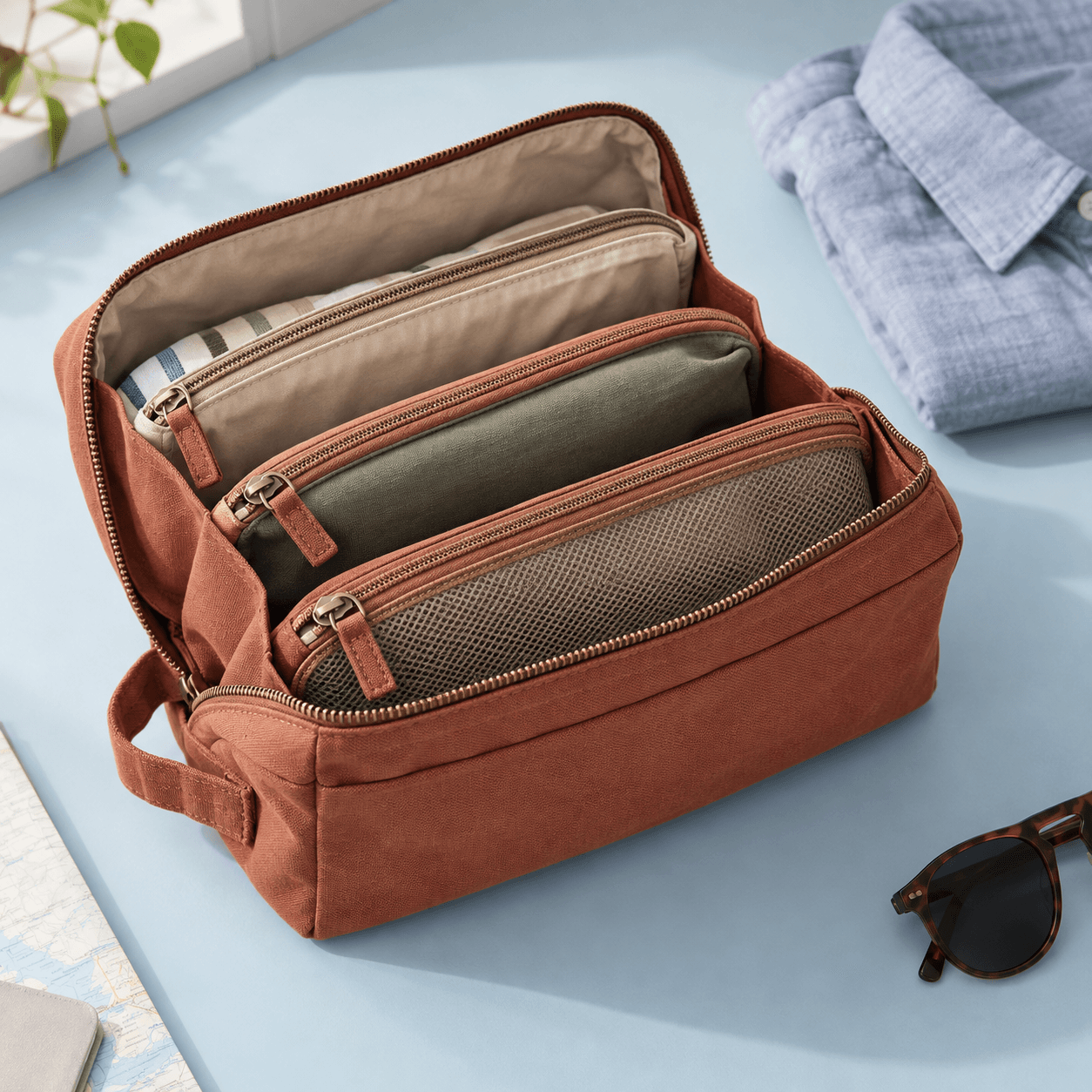 Illustrative open terracotta travel organizer pouch showing three zippered compartments